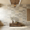 Silver Travertine Tile 12x12 Tumbled — Hallway floor