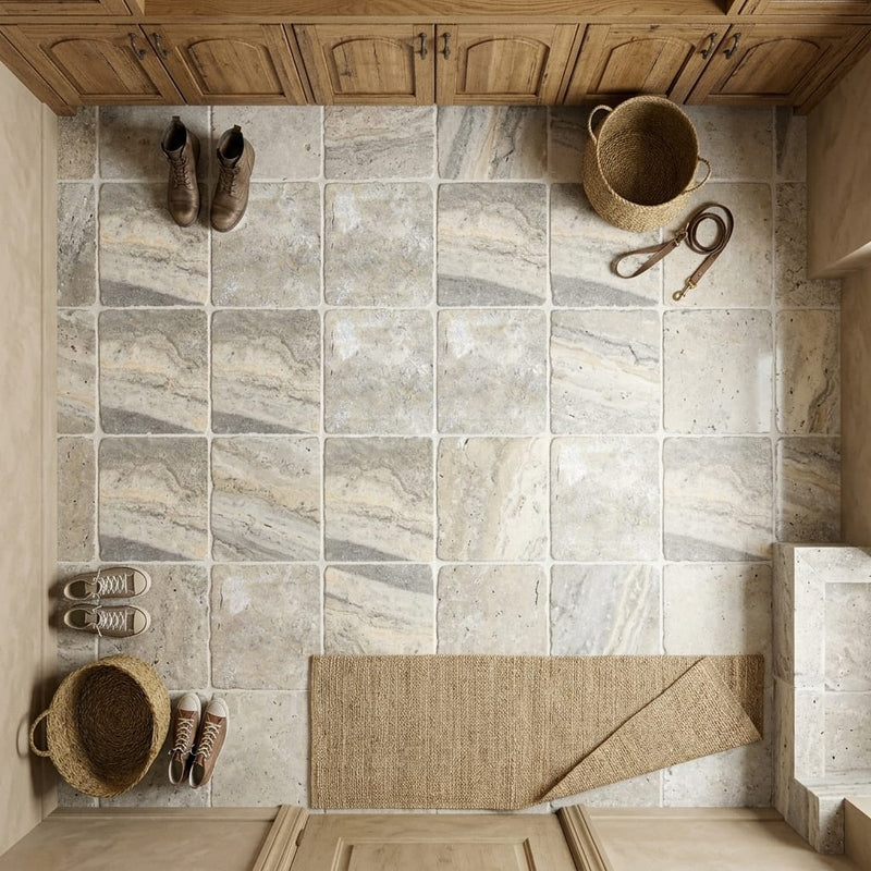 Silver Travertine Tile 12x12 Tumbled — Mudroom floor