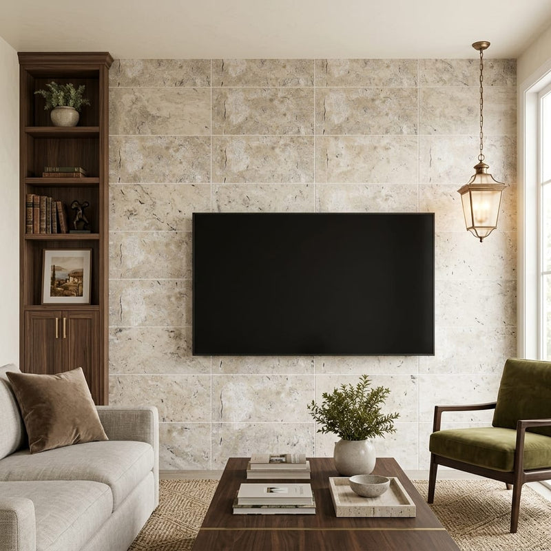 Silver Travertine Tile 12x24 Filled, Honed — Living Room feature wall