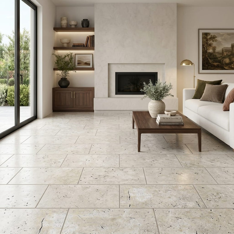 Silver Travertine Tile 12x24 Filled, Honed — Living Room floor