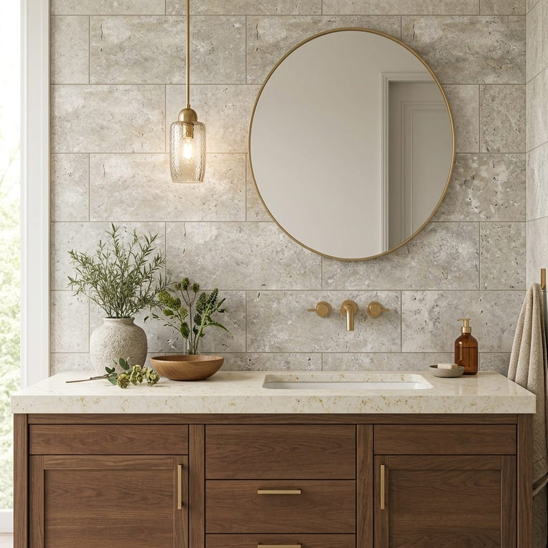 Silver Travertine Tile 12x24 Filled, Honed — Bathroom vanity wall