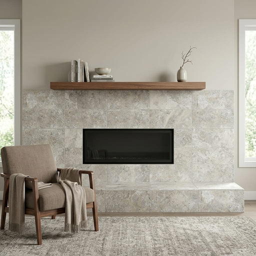 Silver Travertine Tile 12x24 Filled, Honed — Living Room fireplace surround