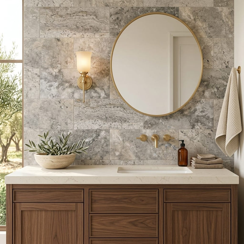 Silver Travertine Tile 12x24 Honed, Filled — Bathroom vanity wall