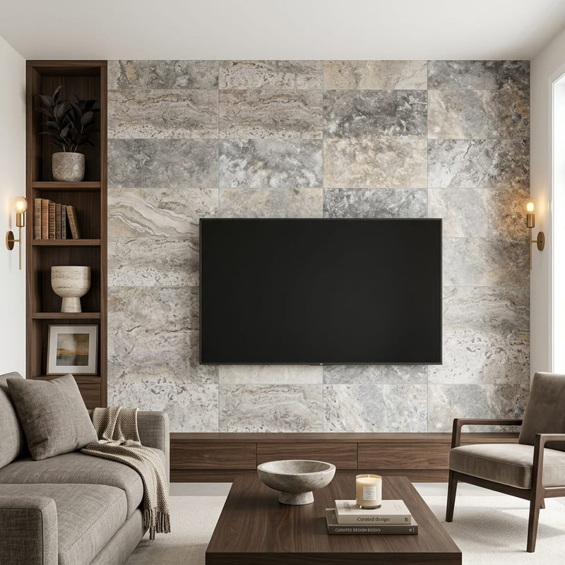Silver Travertine Tile 12x24 Honed, Filled — Living Room feature wall
