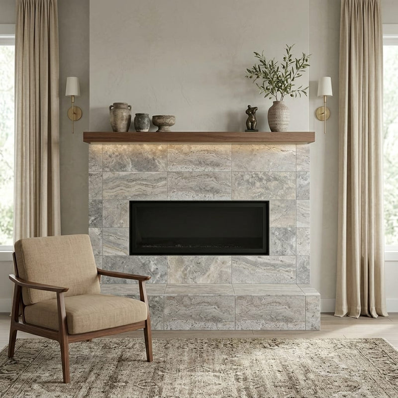 Silver Travertine Tile 12x24 Honed, Filled — Living Room fireplace surround