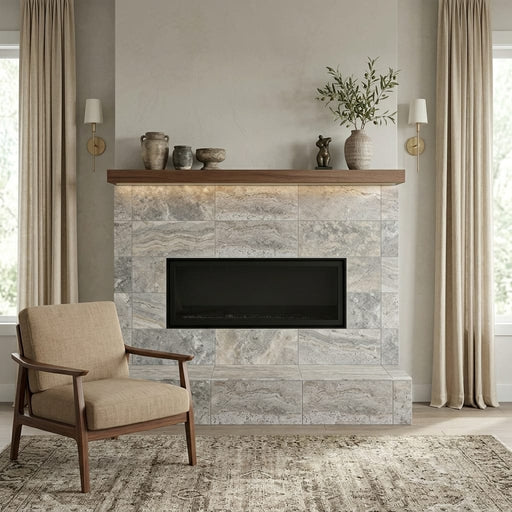 Silver Travertine Tile 12x24 Honed, Filled — Living Room fireplace surround