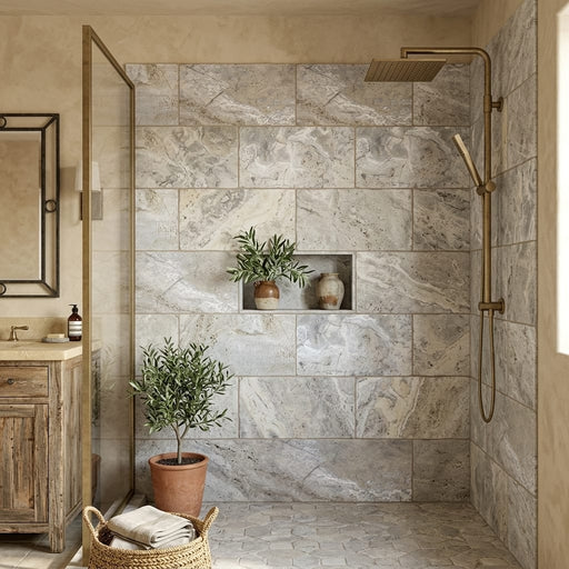 Silver Travertine Tile 12x24 Tumbled — Bathroom shower wall