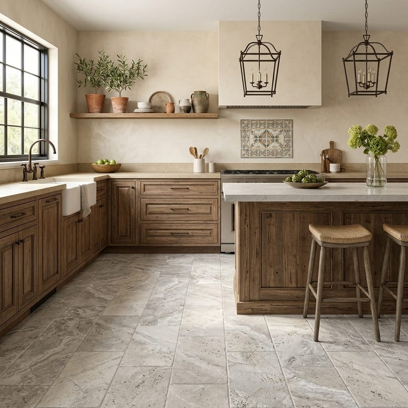 Silver Travertine Tile 12x24 Tumbled — Kitchen floor