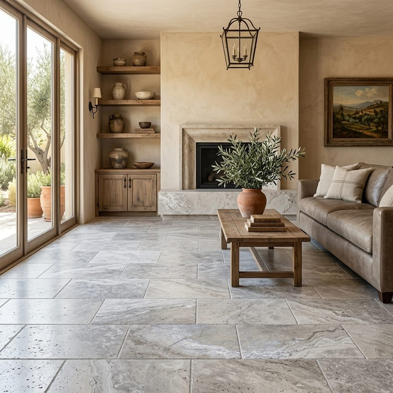 Silver Travertine Tile 12x24 Tumbled — Living Room floor