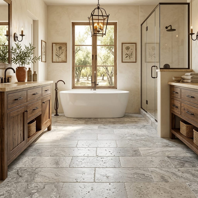 Silver Travertine Tile 12x24 Tumbled — Primary Bath floor