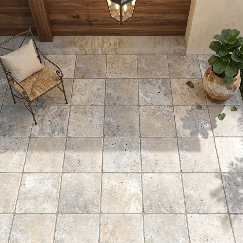 Silver Travertine Tile 16x16 Tumbled — Covered Patio floor