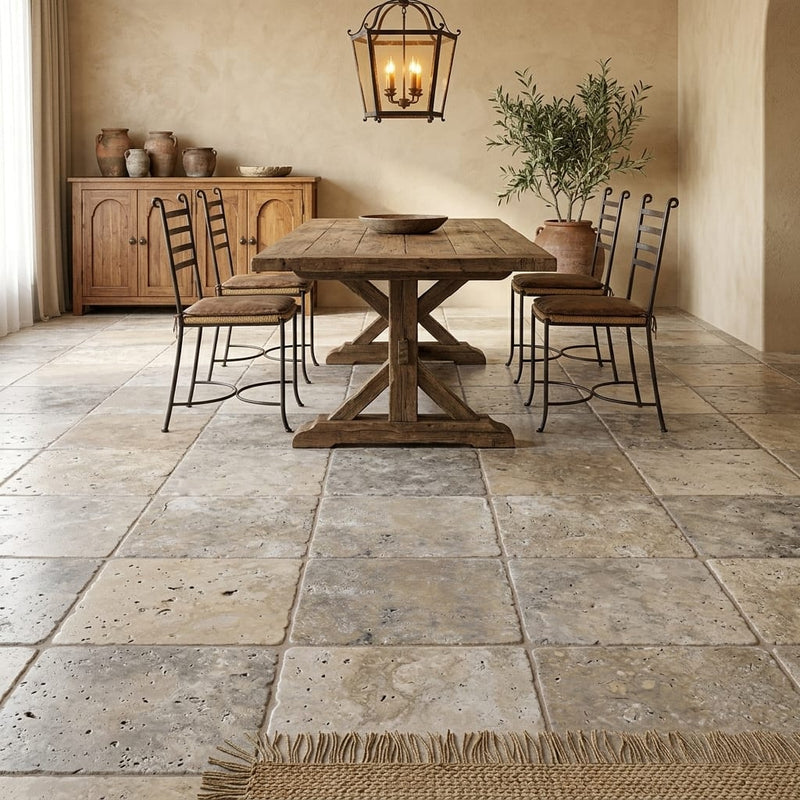 Silver Travertine Tile 16x16 Tumbled — Dining Room floor