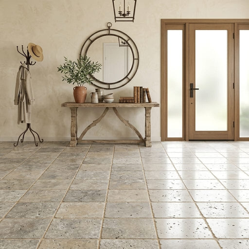 Silver Travertine Tile 16x16 Tumbled — Foyer floor