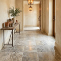 Silver Travertine Tile 16x16 Tumbled — Hallway floor