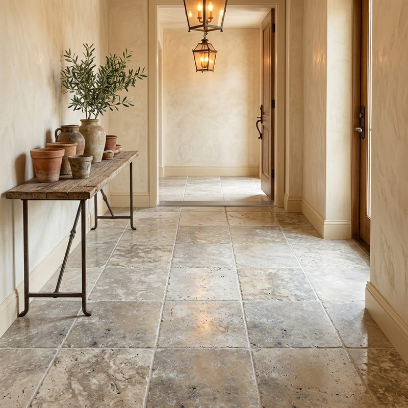 Silver Travertine Tile 16x16 Tumbled — Hallway floor