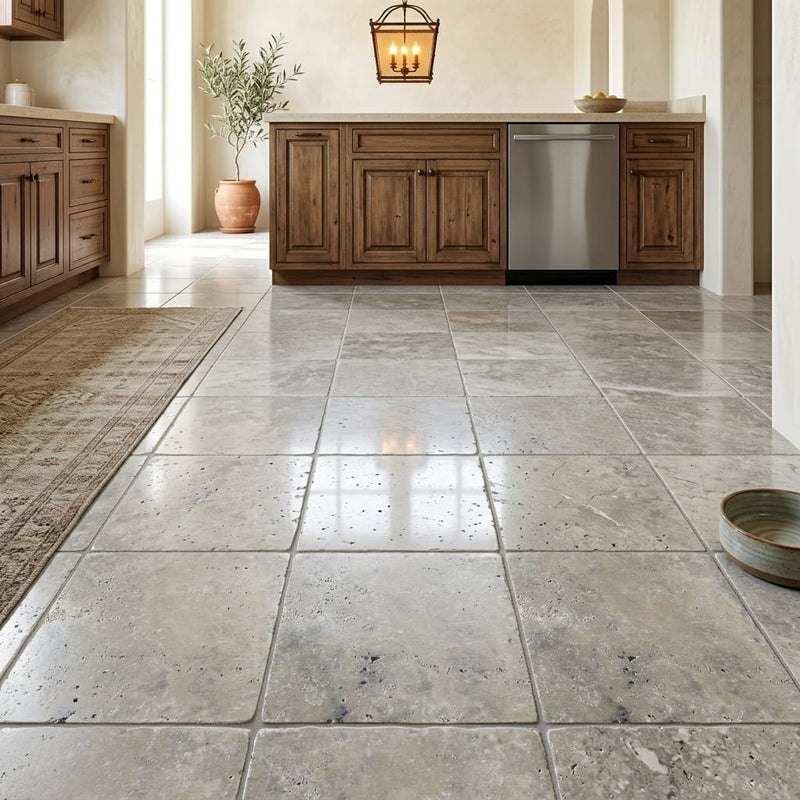 Silver Travertine Tile 16x16 Tumbled — Kitchen floor