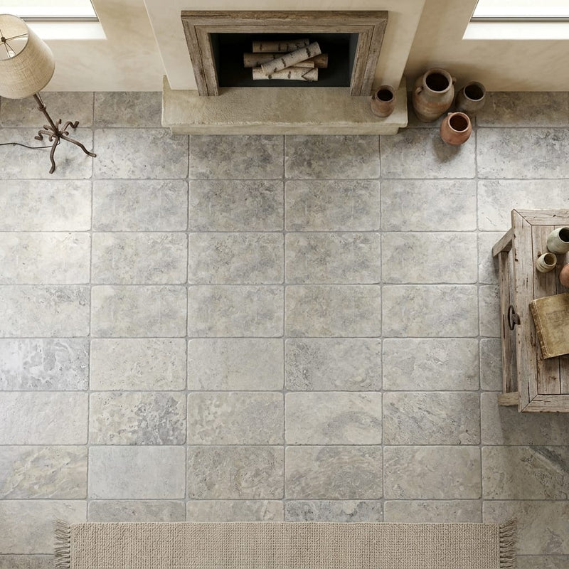 Silver Travertine Tile 16x24 Tumbled — Living Room floor