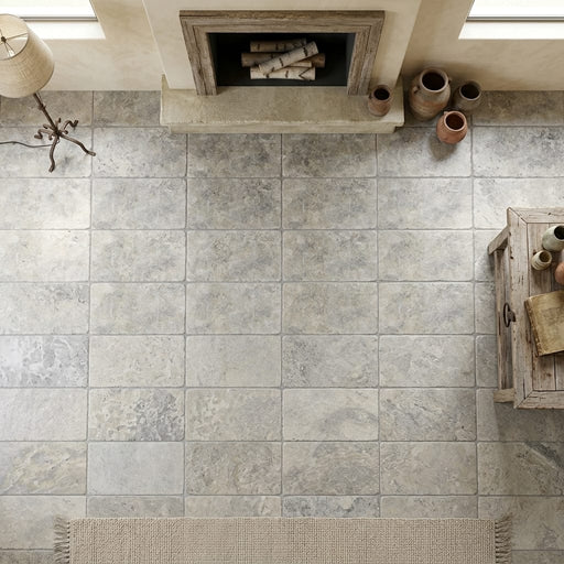 Silver Travertine Tile 16x24 Tumbled — Living Room floor