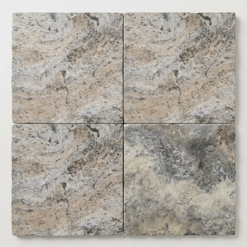 Silver Travertine Tile 18x18 Brushed Chiseled close-up