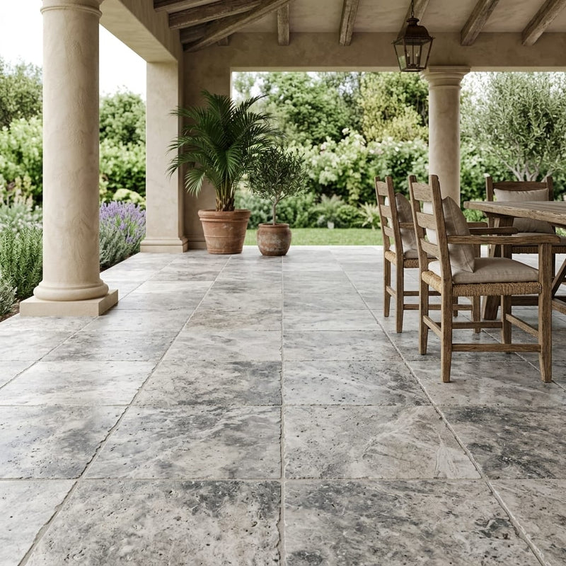 Silver Travertine Tile 18x18 Brushed Chiseled — Covered Patio floor