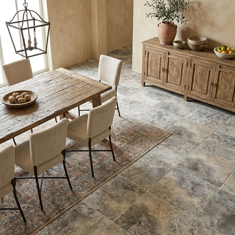 Silver Travertine Tile 18x18 Brushed Chiseled — Dining Room floor