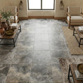 Silver Travertine Tile 18x18 Brushed Chiseled — Family Room floor