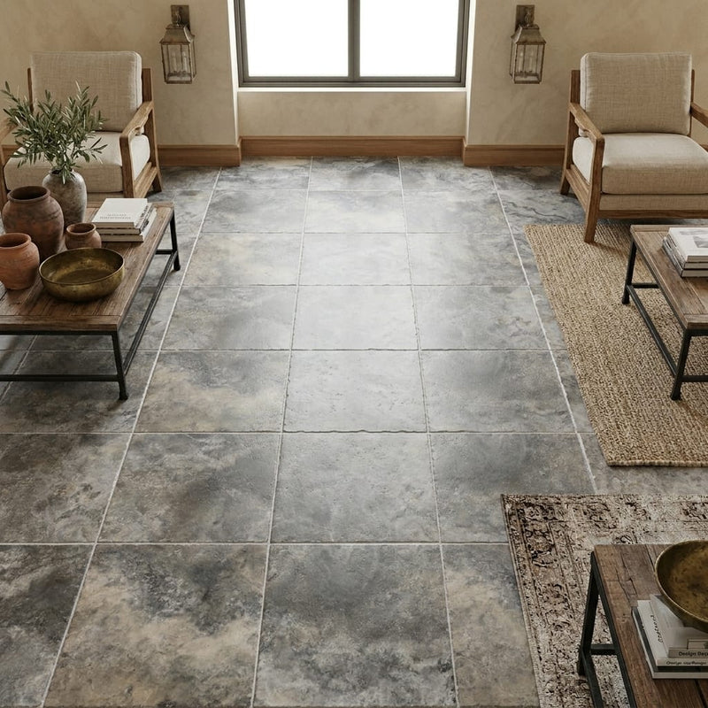Silver Travertine Tile 18x18 Brushed Chiseled — Family Room floor
