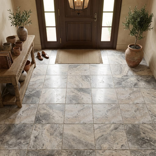 Silver Travertine Tile 18x18 Brushed Chiseled — Foyer floor