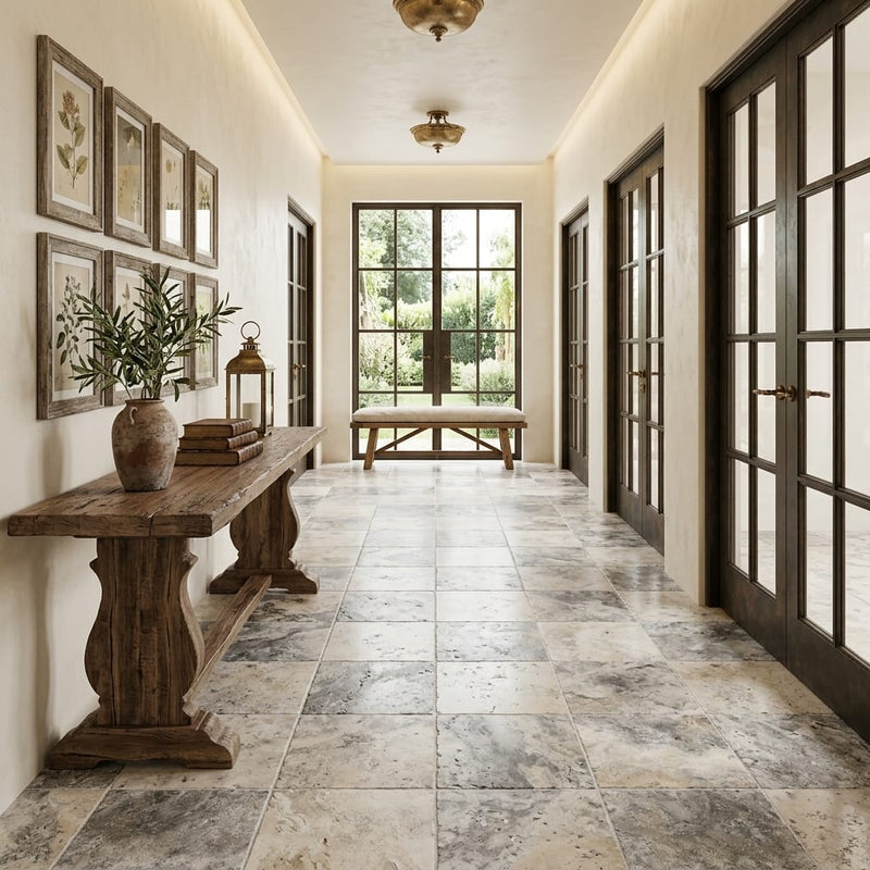 Silver Travertine Tile 18x18 Brushed Chiseled — Hallway floor