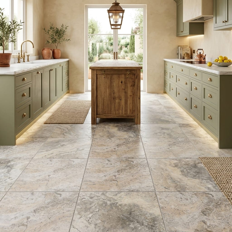 Silver Travertine Tile 18x18 Brushed Chiseled — Kitchen floor