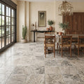 Silver Travertine Tile 18x18 Brushed Chiseled — Living Room floor