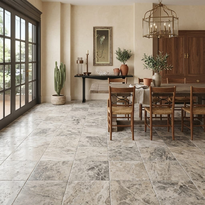 Silver Travertine Tile 18x18 Brushed Chiseled — Living Room floor