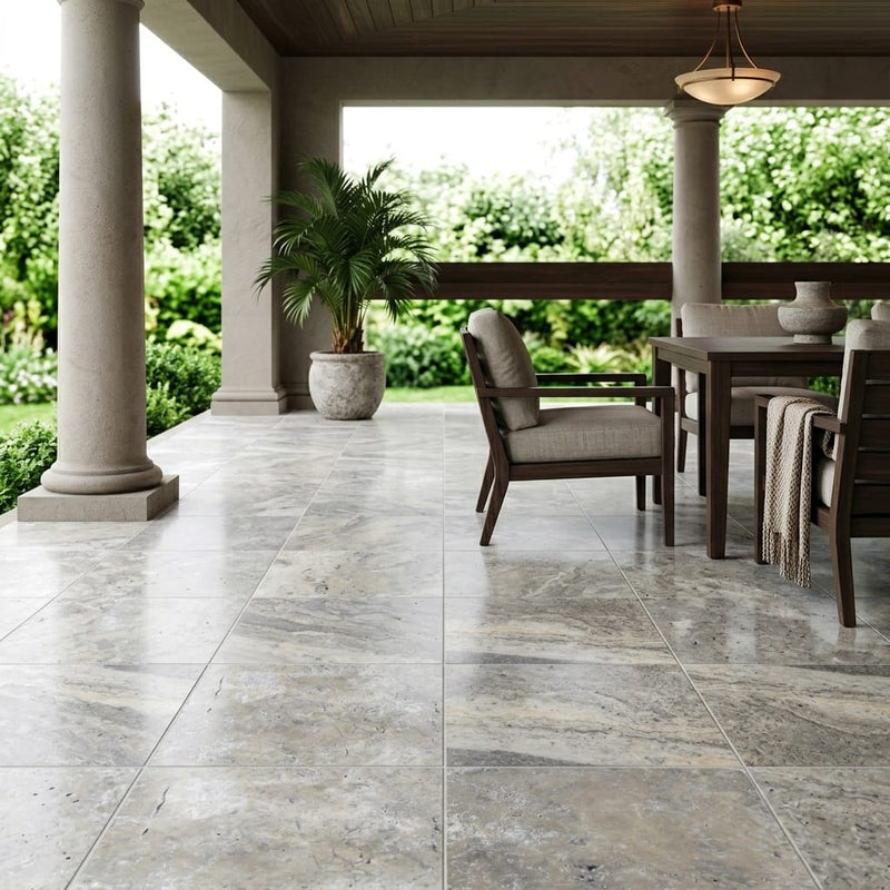 Silver Travertine Tile 18x18 Filled, Honed — Covered Patio floor