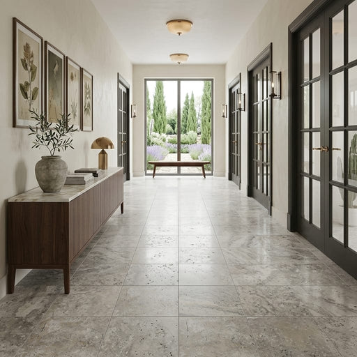 Silver Travertine Tile 18x18 Filled, Honed — Hallway floor