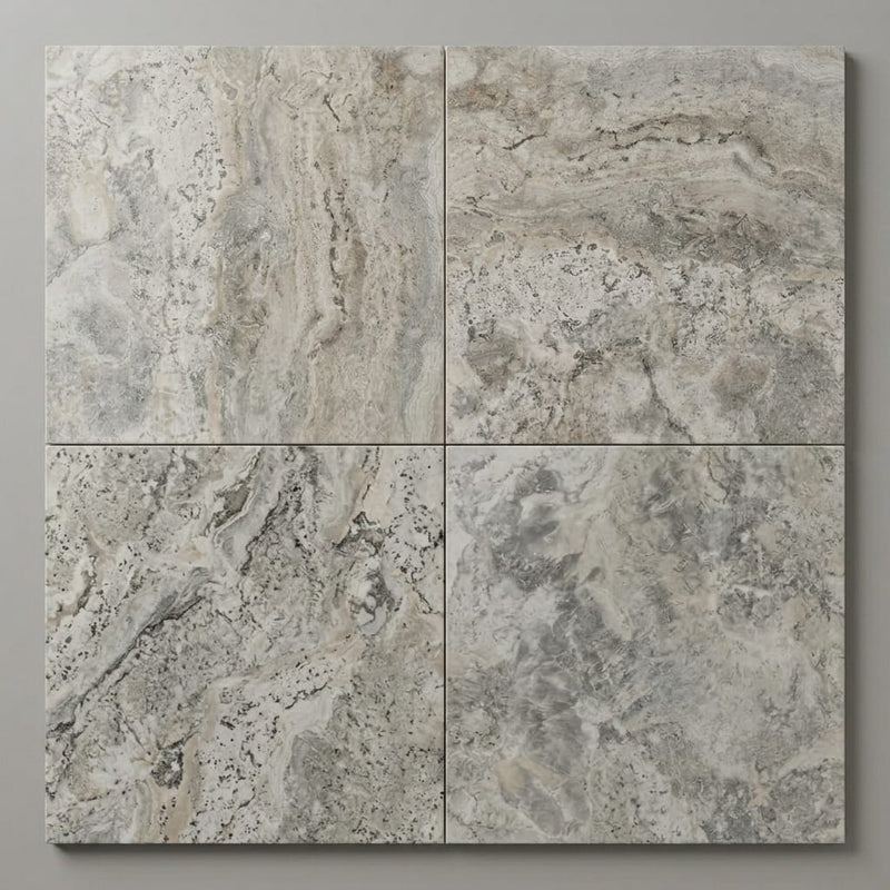 Silver Travertine Tile 18x18 Honed, Filled close-up