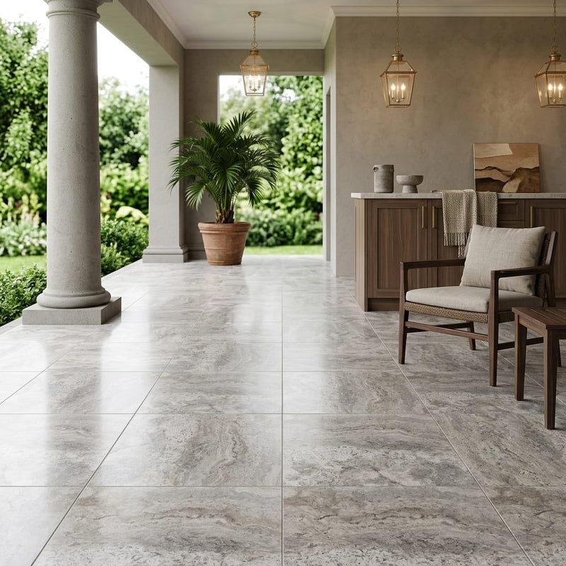 Silver Travertine Tile 18x18 Honed, Filled — Covered Patio floor