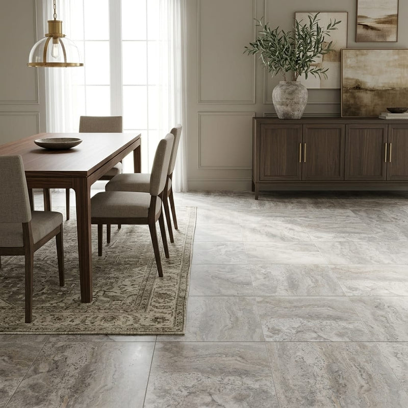 Silver Travertine Tile 18x18 Honed, Filled — Dining Room floor