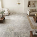 Silver Travertine Tile 18x18 Honed, Filled — Family Room floor