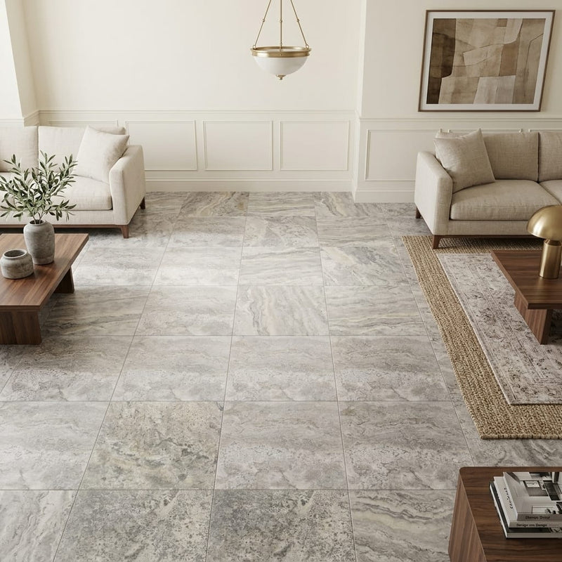 Silver Travertine Tile 18x18 Honed, Filled — Family Room floor