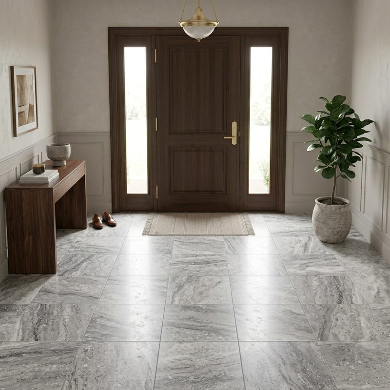 Silver Travertine Tile 18x18 Honed, Filled — Foyer floor