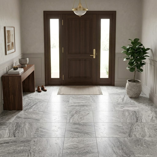 Silver Travertine Tile 18x18 Honed, Filled — Foyer floor