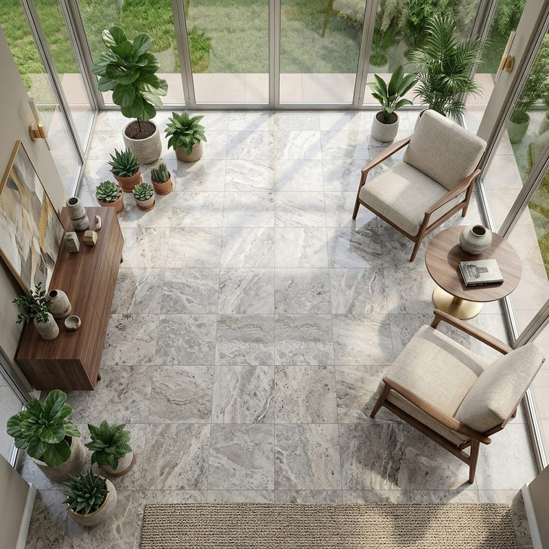 Silver Travertine Tile 18x18 Honed, Filled — Sunroom floor
