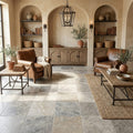 Silver Travertine Tile 18x18 Tumbled — Family Room floor