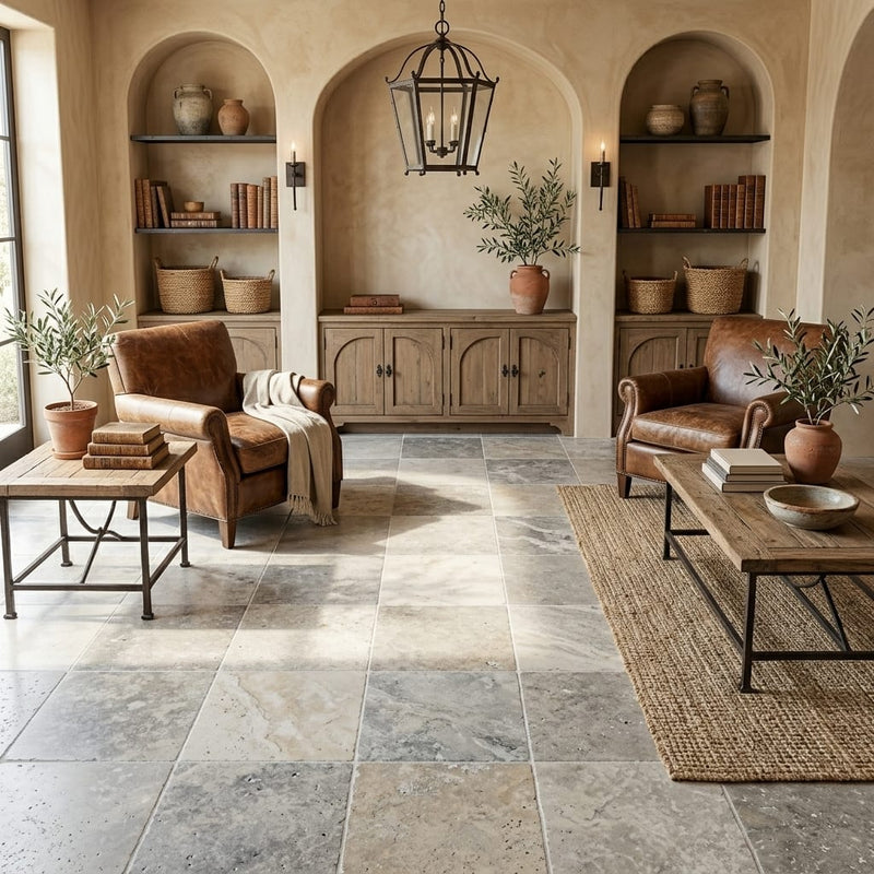 Silver Travertine Tile 18x18 Tumbled — Family Room floor