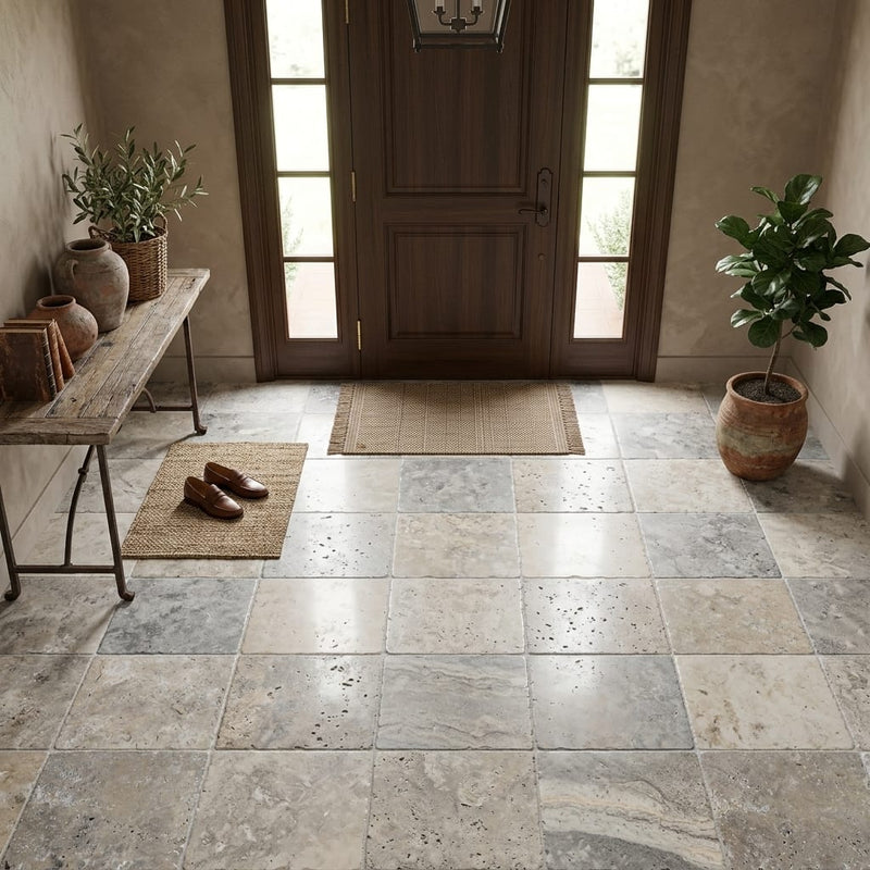 Silver Travertine Tile 18x18 Tumbled — Foyer floor