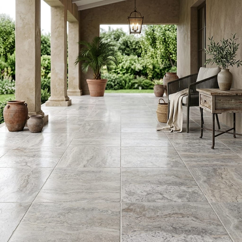 Silver Travertine Tile 18x18 Tumbled — Covered Patio floor
