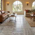 Silver Travertine Tile 18x18 Tumbled — Family Room floor