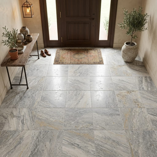 Silver Travertine Tile 18x18 Tumbled — Foyer floor