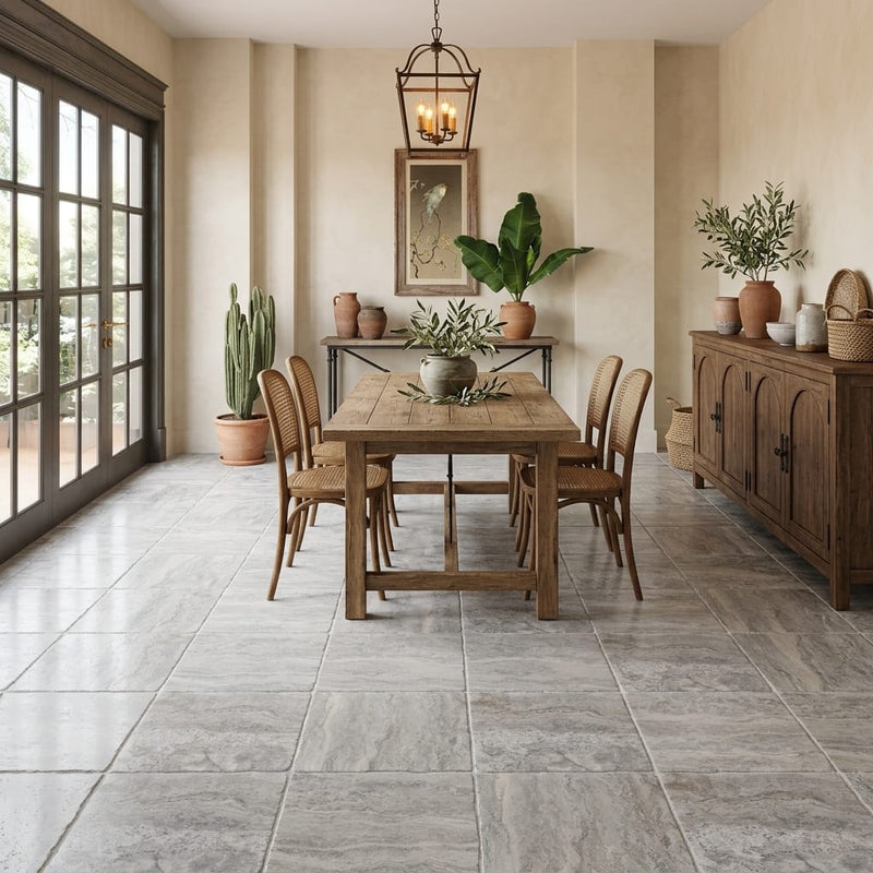 Silver Travertine Tile 18x18 Tumbled — Living Room floor