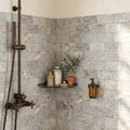 Silver Travertine Tile 3x6 Tumbled — Bathroom shower wall